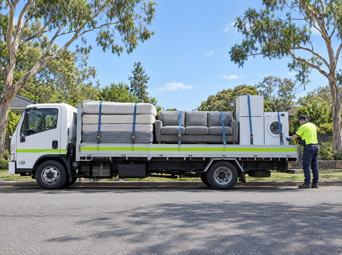 Truck loaded with old mattresses, a sofa, a fridge and a washing machine, strapped down for recycling
