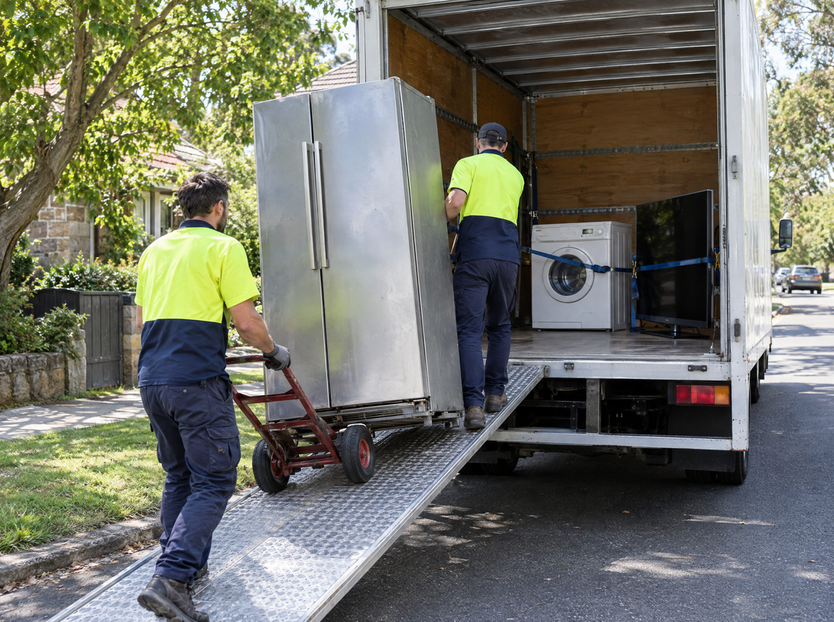 Removal crew loading an old fridge into the truck, with a washing machine and TV already strapped in