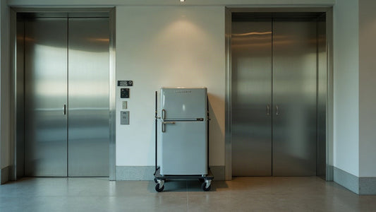 Old fridge on a trolley beside the service lift of a Parramatta apartment building