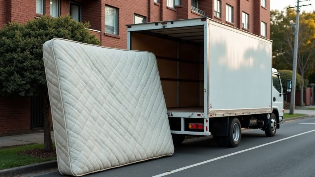 Used queen mattress standing beside a removal truck outside a red-brick walk-up apartment block in Bondi, Sydney