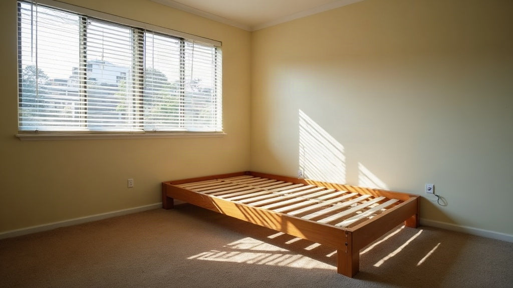 Empty Sydney rental bedroom with a bare timber slat bed base and the mattress removed
