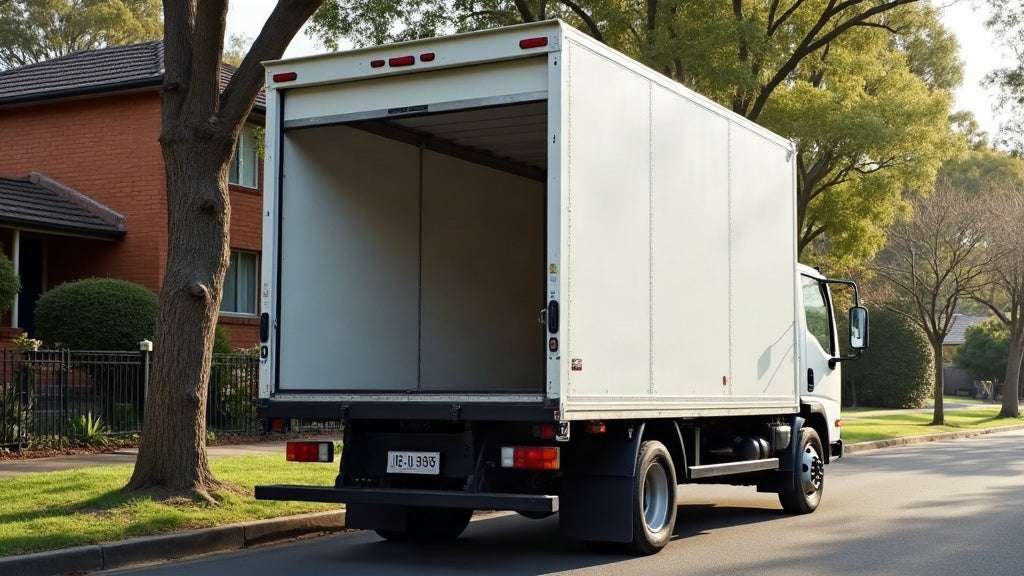 White removal truck with its rear door open parked on a leafy suburban Sydney street