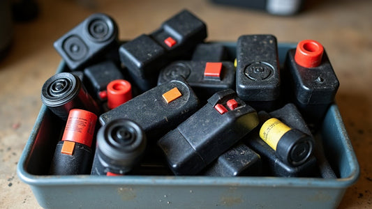 Used lithium batteries and power tool battery packs collected in a metal tray with taped terminals