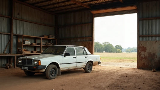 Old sedan stored in a farm shed on a Penrith acreage block