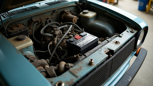 Open engine bay of an end-of-life vehicle with fluids being drained during depollution