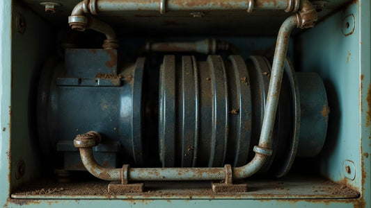 Close-up of the condenser coils and compressor at the back of an old refrigerator