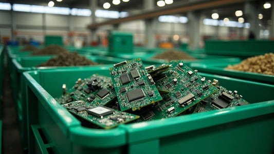 Circuit boards and dismantled electronics sorted into bins at an e-waste recycling facility