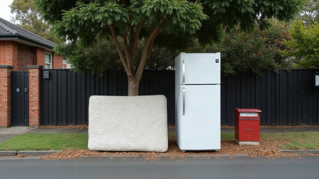 A mattress and an old fridge on a Sydney nature strip awaiting a booked council bulky waste collection