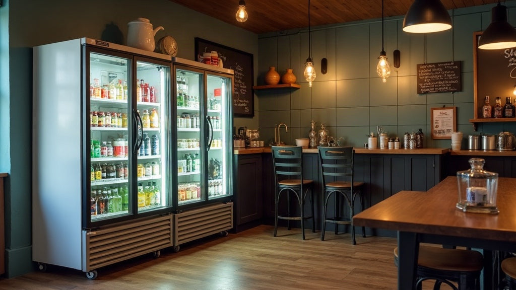 Glass-door commercial drinks fridge standing unplugged in a closed Sydney cafe