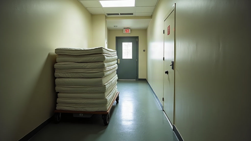 Stack of used mattresses on a trolley in a service corridor awaiting assessment