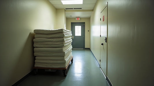 Stack of used mattresses on a trolley in a service corridor awaiting assessment
