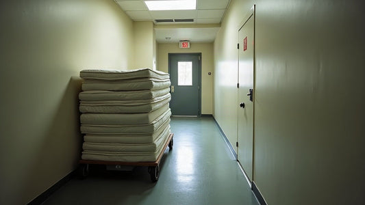 Stack of replaced mattresses on a trolley in an aged care service corridor