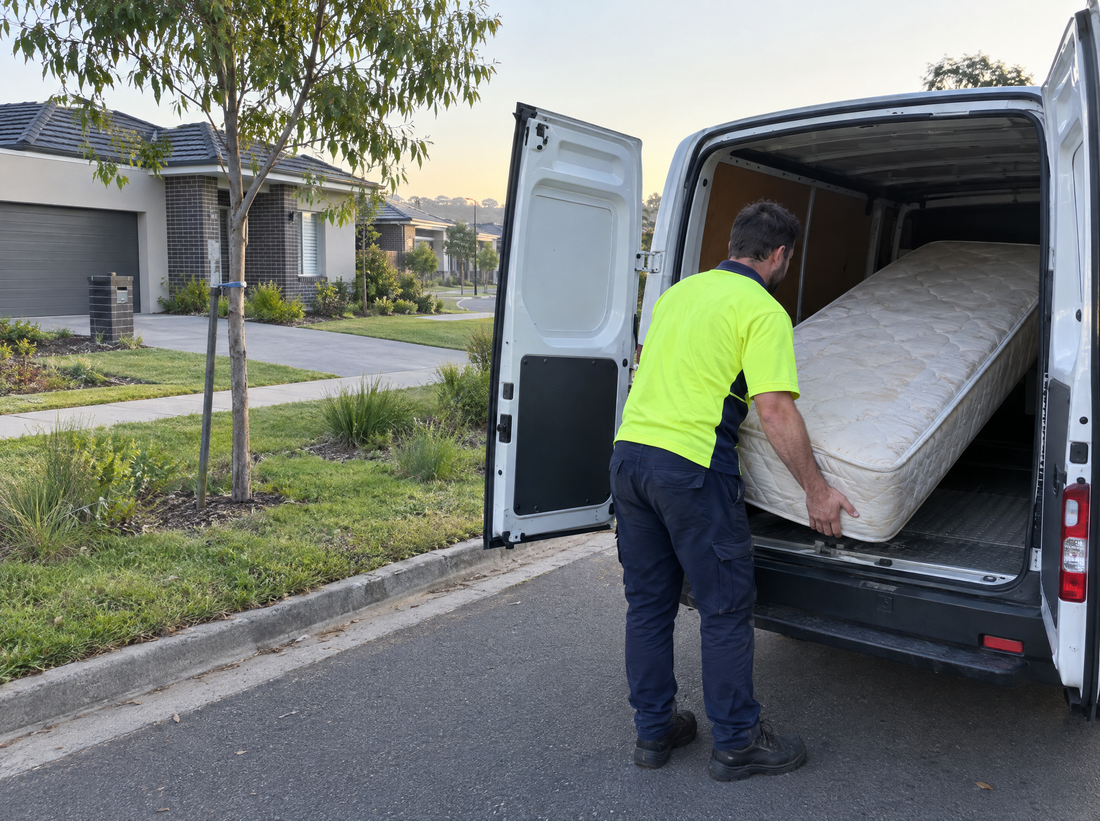 Removal worker loading an old mattress into a van on a street of new homes in western Sydney