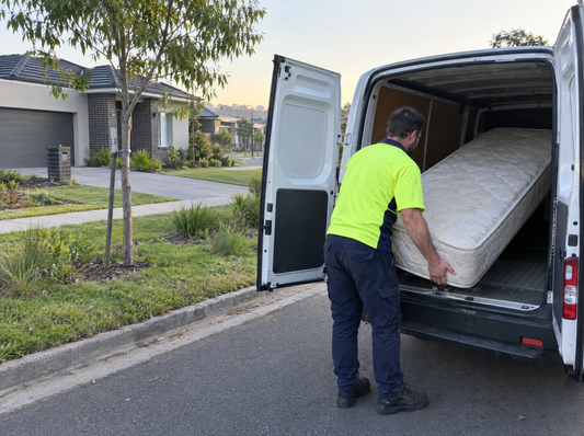 Removal worker loading an old mattress into a van on a street of new homes in western Sydney