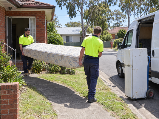 Two removal workers carrying an old mattress to a van outside a brick house in south-west Sydney, an old fridge on a trolley beside it