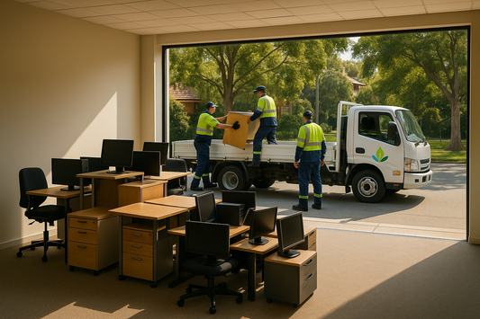 An office clear-out with desks and monitors being removed in Sydney
