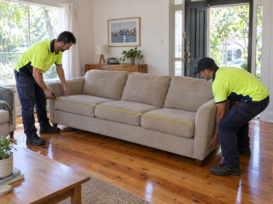 Removal worker measuring an old three-seater sofa with a tape measure in a Sydney living room
