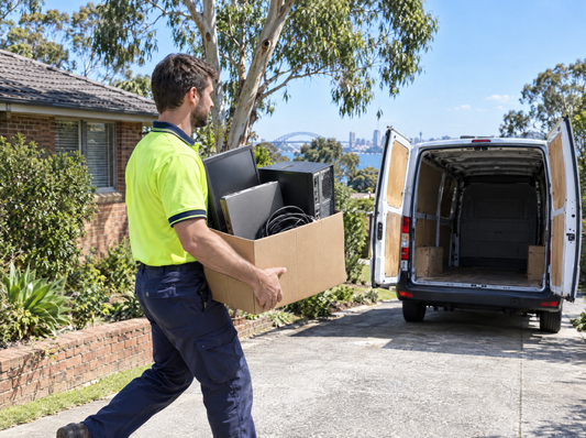 Removal worker in hi-vis carrying a box of old monitors, a computer and cables down a Sydney driveway to a van