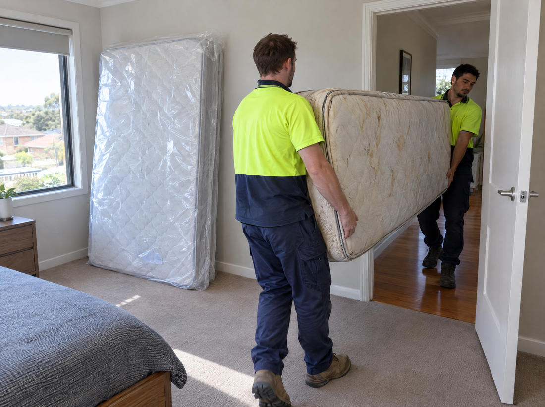 Two removal workers carrying an old mattress out of a bedroom while a new mattress in plastic wrap leans against the wall