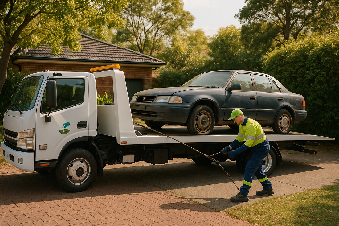 A non-running car being winched onto a RecycleCorp tilt-tray tow truck in Sydney