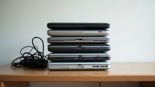 Several old laptops stacked on a desk ready for disposal in Sydney