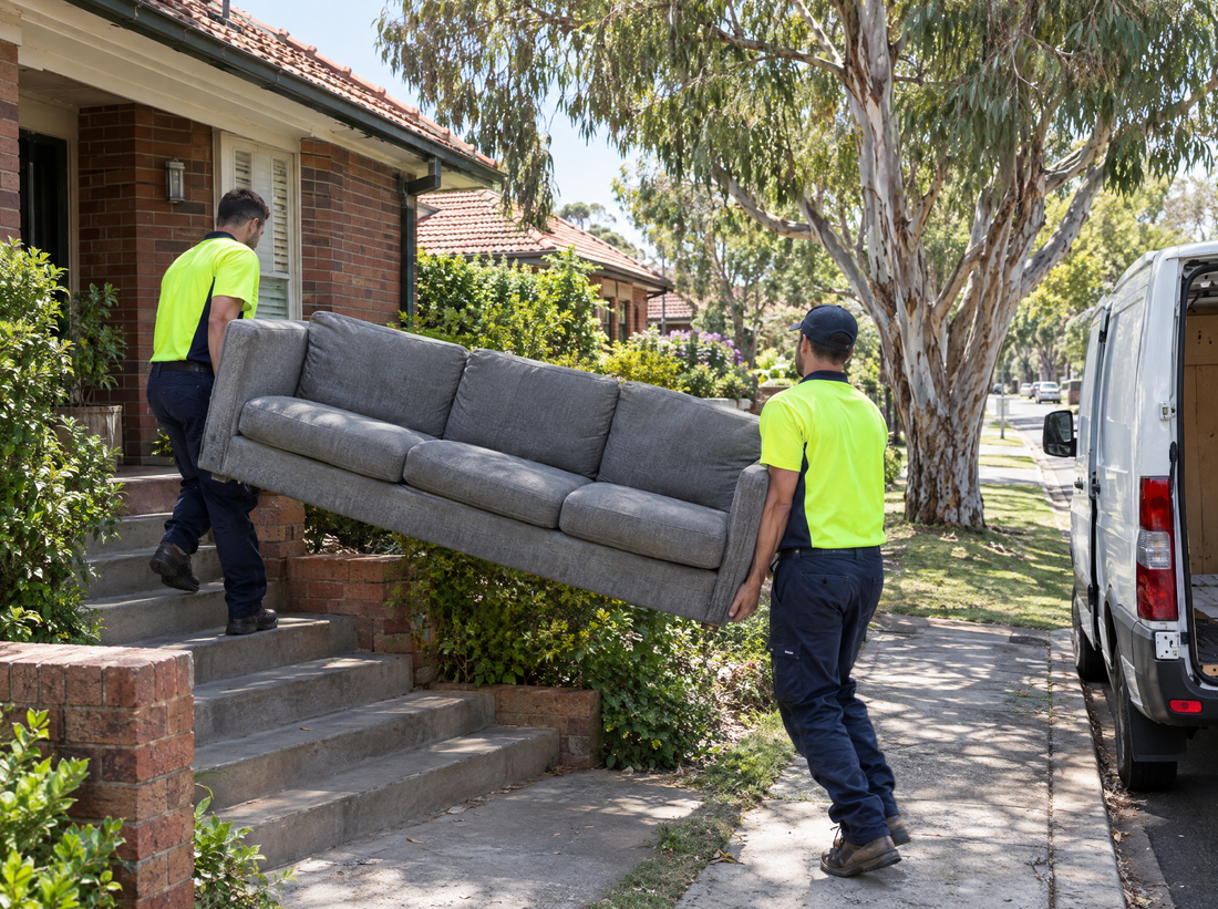 Two removal workers in hi-vis shirts carry an old grey three-seater couch down the front steps of a brick Sydney house towards a white van