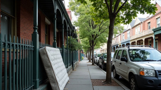 Used mattress leaning against the verandah of a Victorian terrace on a narrow Newtown street