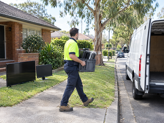 A worker in a hi-vis shirt carries a crate of old laptops past a flat-screen TV and monitor toward a white van outside a Sydney house