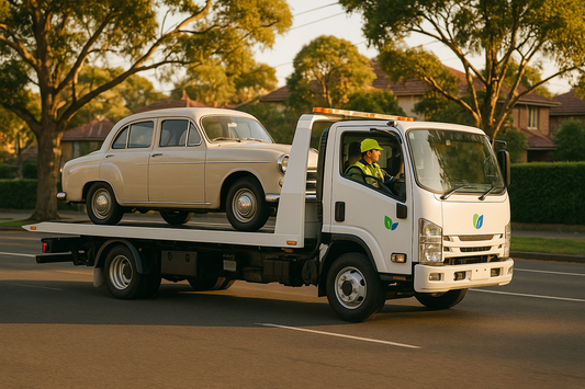 An old car secured on a RecycleCorp tilt-tray tow truck on a Sydney street