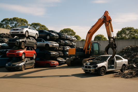 A scrap-metal recycling yard with stacked end-of-life cars in Sydney