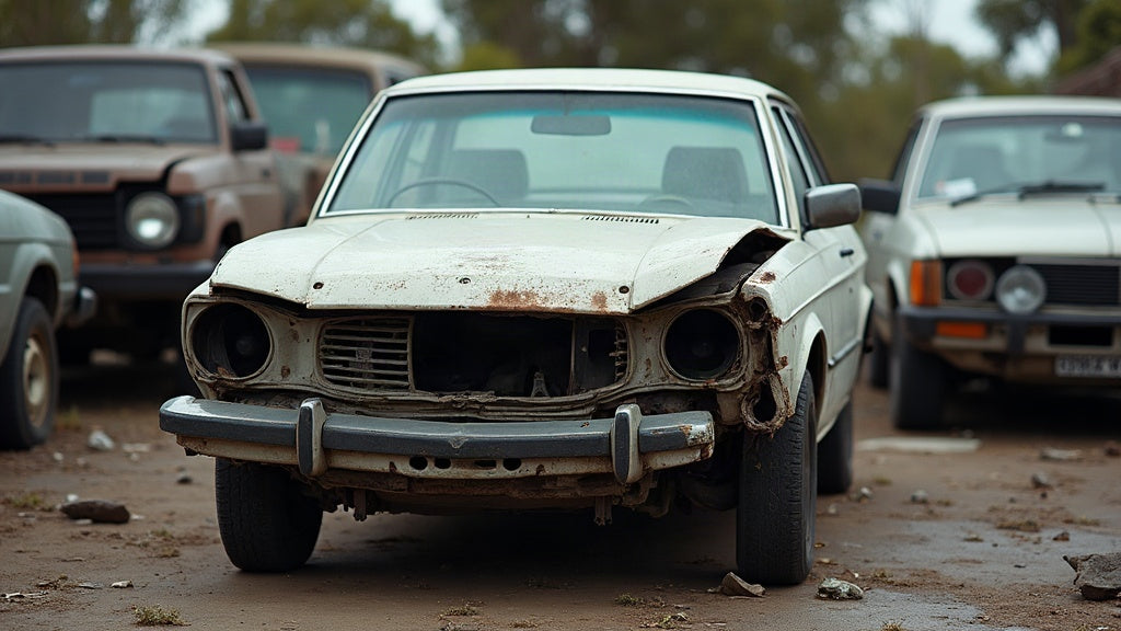 Written-off sedan with heavy front-end collision damage at an Australian salvage yard