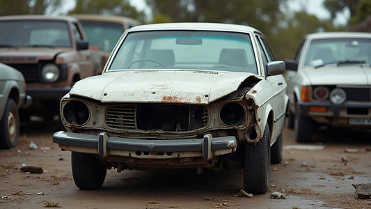 Written-off sedan with heavy front-end collision damage at an Australian salvage yard
