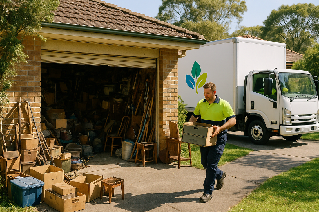 A Sydney garage being cleared out with items loaded into a removal truck