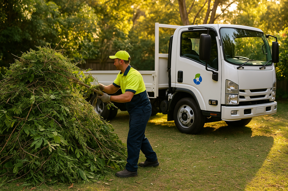 Garden green waste beside a RecycleCorp removal truck in a Sydney backyard