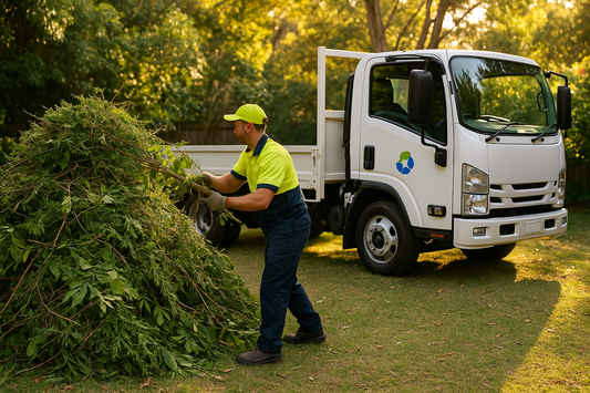 Garden green waste beside a RecycleCorp removal truck in a Sydney backyard