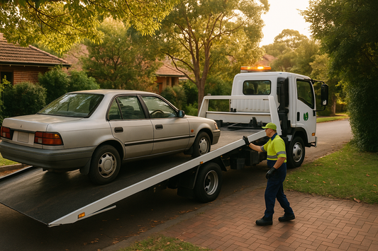 An old sedan being loaded onto a RecycleCorp tilt-tray tow truck in a Sydney driveway