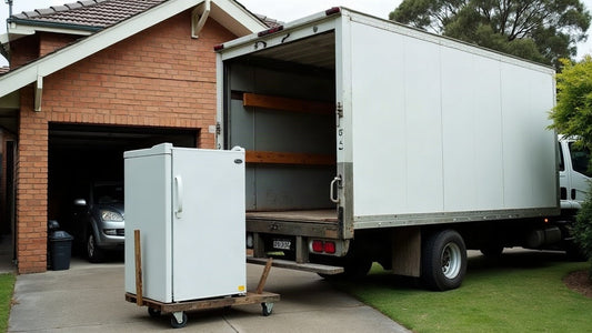 Fridge on a hand trolley beside a removal truck on the Northern Beaches