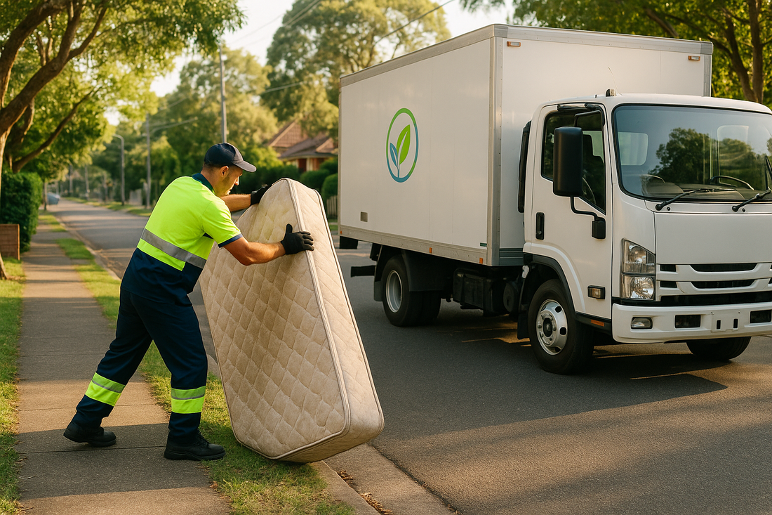 Old mattress at a Sydney kerb beside a RecycleCorp removal truck