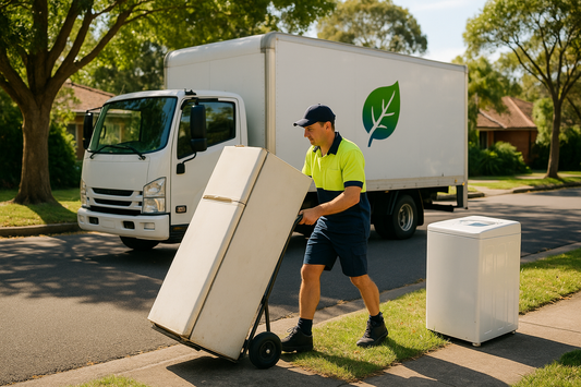 An old fridge and washing machine on a Sydney kerb beside a RecycleCorp removal truck