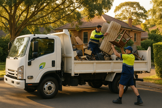 RecycleCorp white removal truck being loaded with household junk in Sydney