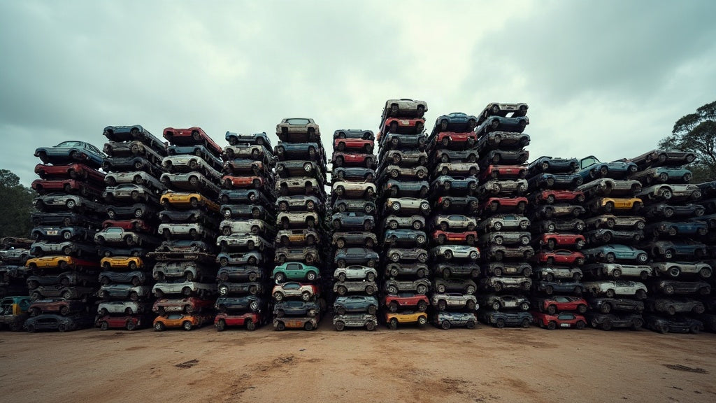 Stacked crushed cars at a scrap metal yard where end-of-life vehicle value is determined
