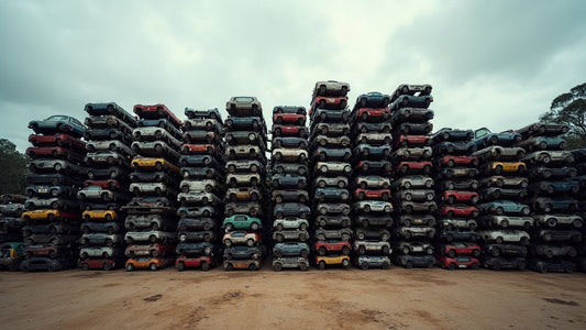 Stacked crushed cars at a scrap metal yard where end-of-life vehicle value is determined