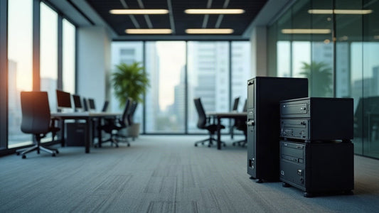 Stacked office computers and monitors in an empty Sydney office floor awaiting IT disposal