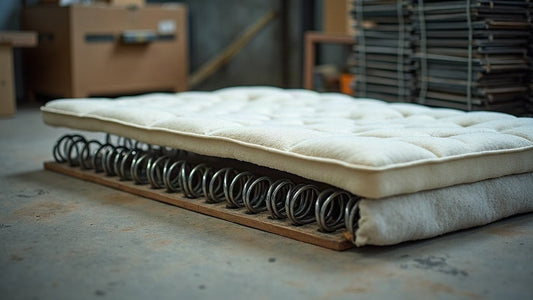 Dismantled mattress at a recycling facility with the steel spring unit separated from the foam layers