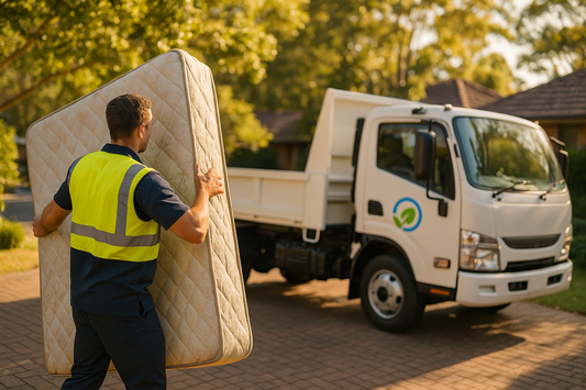 RecycleCorp worker carrying an old mattress to a removal truck in a Sydney driveway