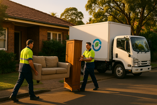 RecycleCorp crew carrying an old sofa and wardrobe out to a removal truck in Sydney