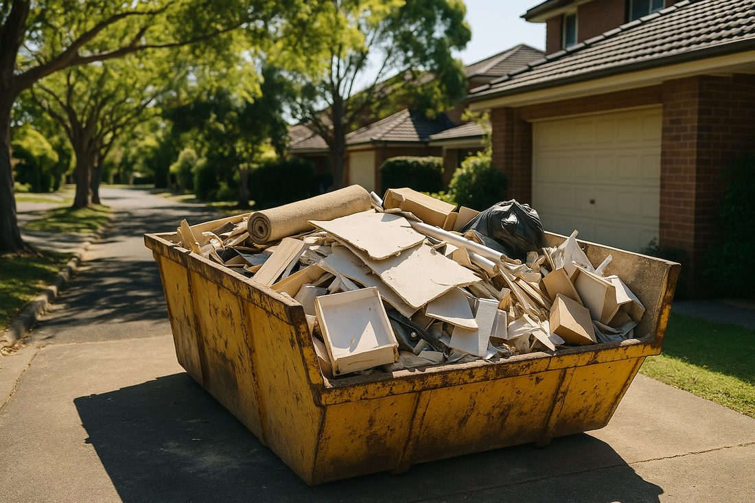 A skip bin half-filled with household and renovation waste in a Sydney driveway
