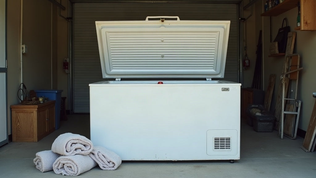 Chest freezer defrosting in a Sutherland Shire garage before collection