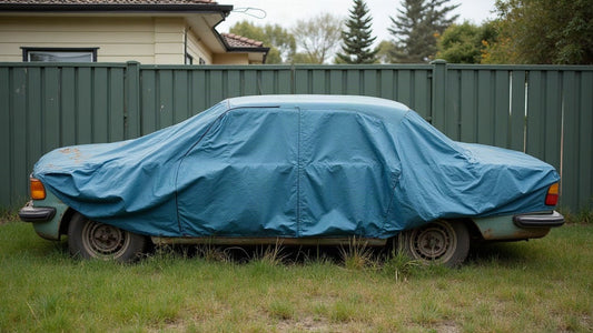 Unregistered car under a weathered tarpaulin in long grass beside a Sydney house