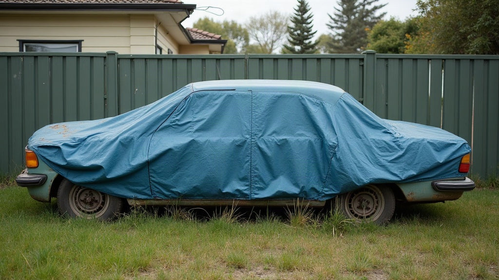 Abandoned car under a tarpaulin in long grass on a private Sydney property